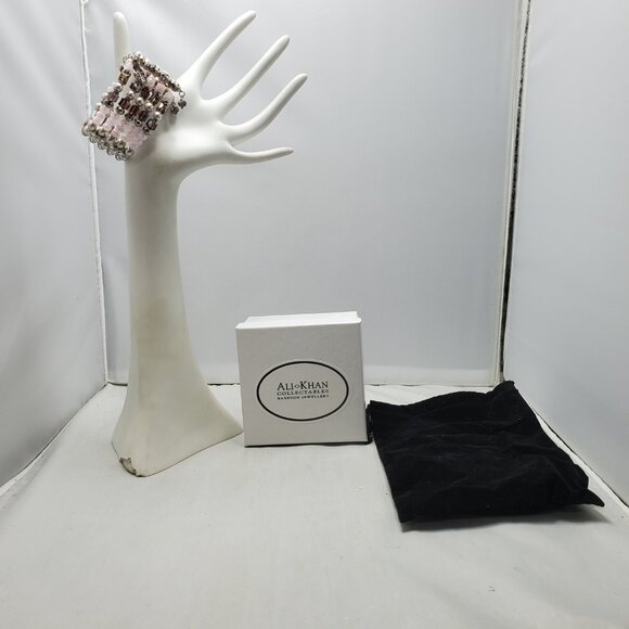 Ali Khan 5 row glass pearl Pink beaded wired wrap opened bracelet - Picture 3 of 7